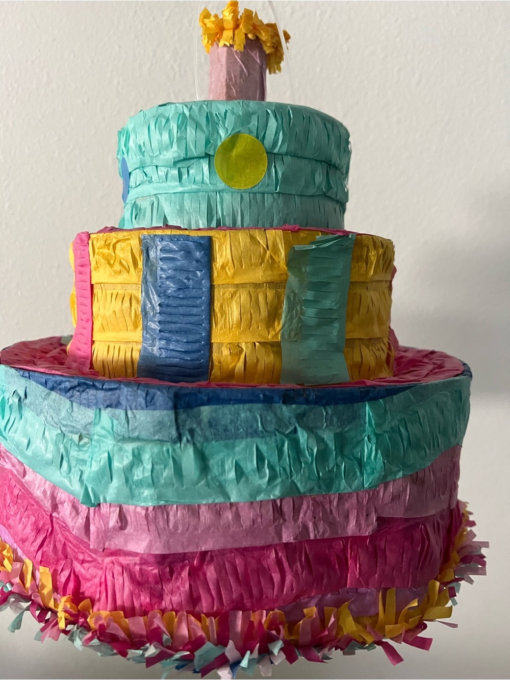 NEW PINATA- Colorful cake Tiered Piñata Pink, Teal, Yellow 10.8” x 10.8” x 11.8”